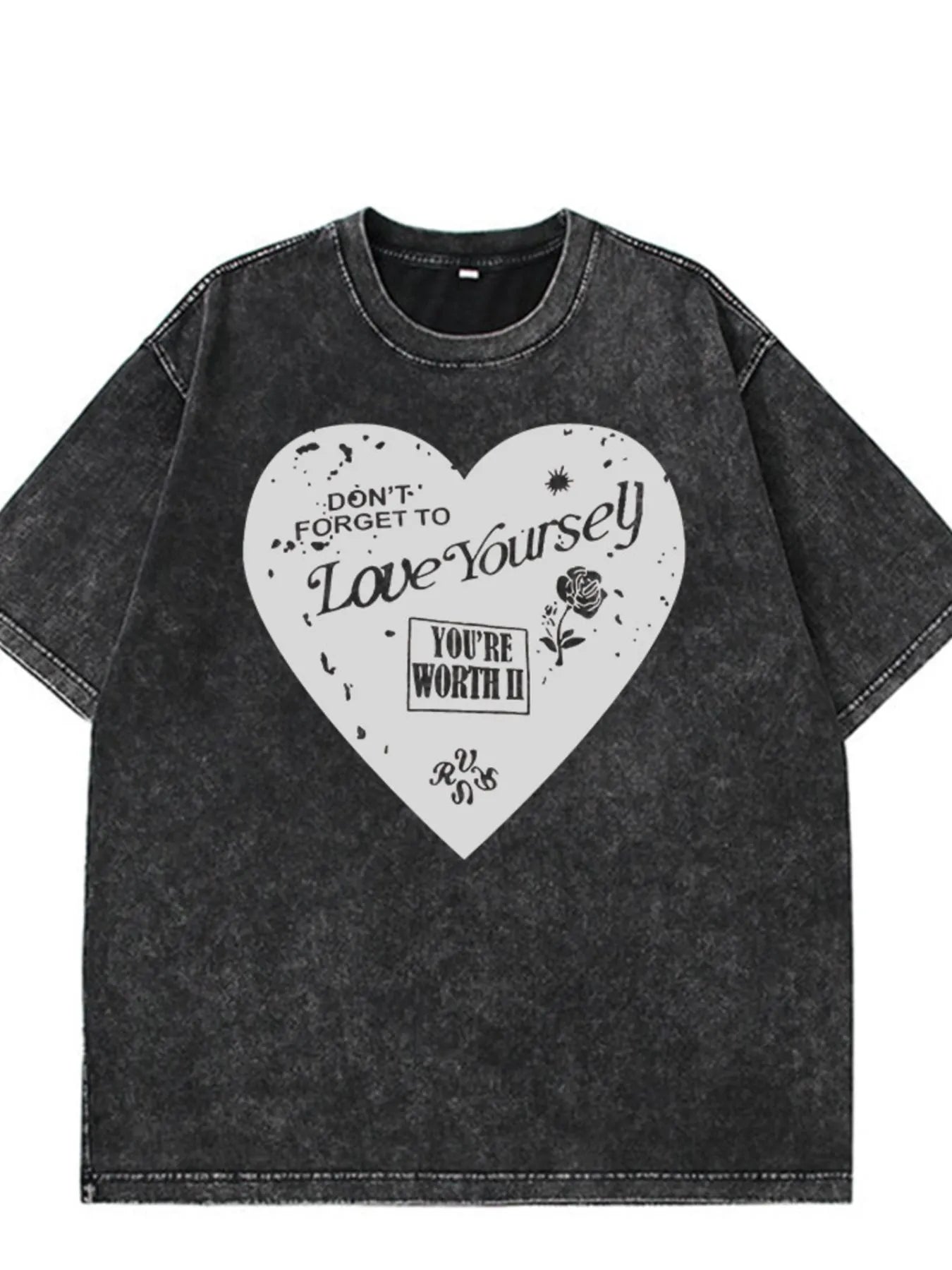 Heart Round Neck Short Sleeve T-Shirt Black - Fashorio