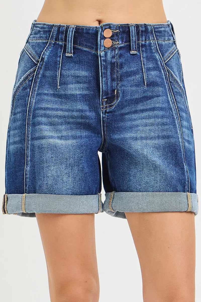 dark wash RISEN high rise roll up shorts front view