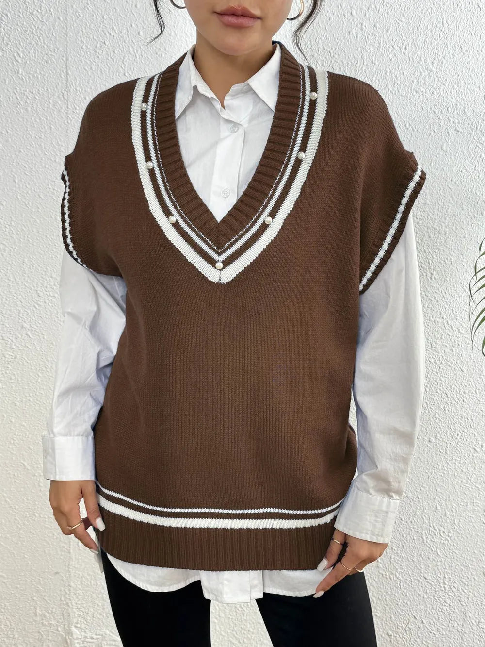 Pearl Trim Contrast V Neck Sweater Vest in Brown side view