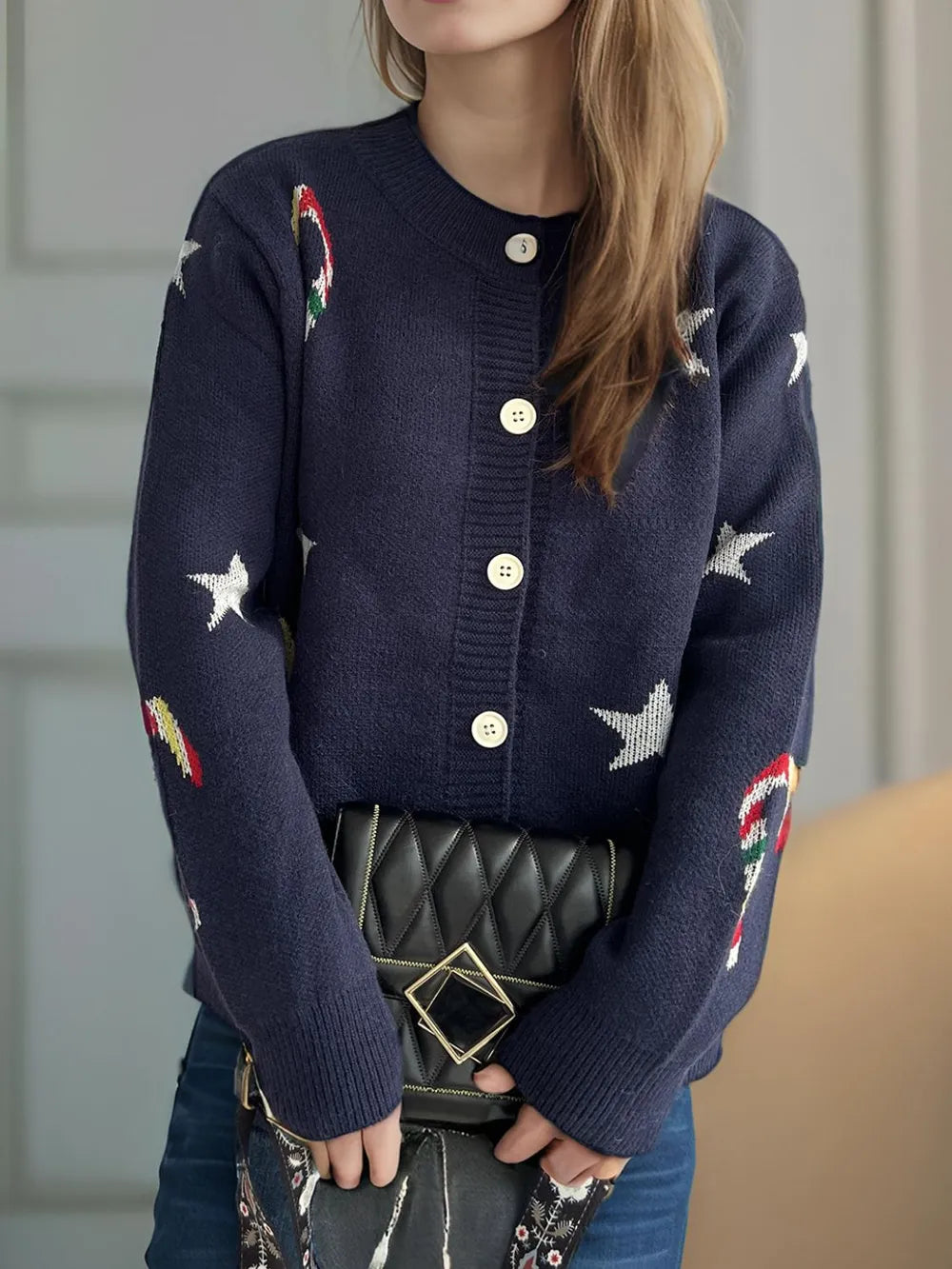 Candy Cane & Star Button Down Long Sleeve Cardigan Dark Blue One Size - Fashorio