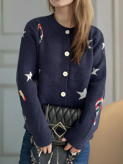 Candy Cane & Star Button Down Long Sleeve Cardigan Dark Blue One Size - Fashorio