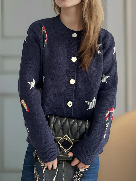 Candy Cane & Star Button Down Long Sleeve Cardigan Dark Blue One Size - Fashorio