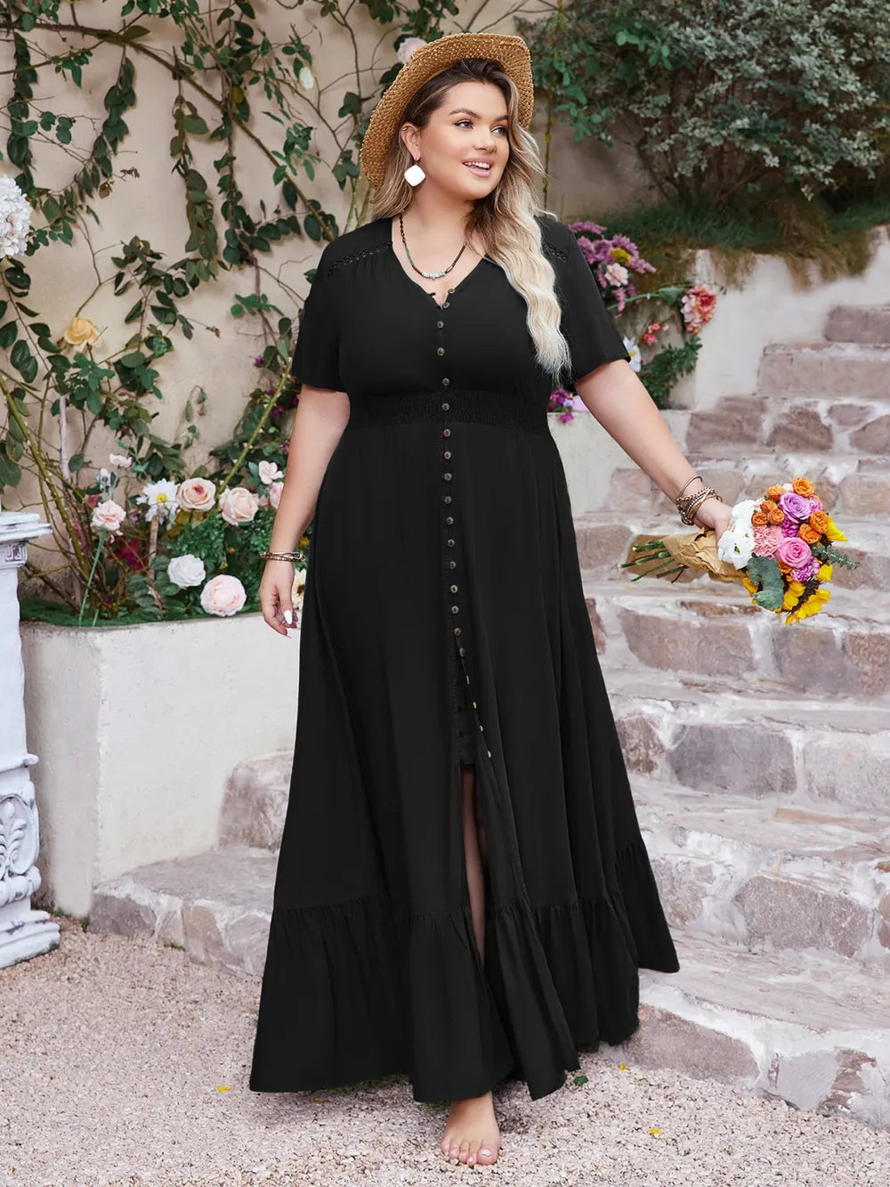 Ruffled hem button down v-neck maxi dress front view