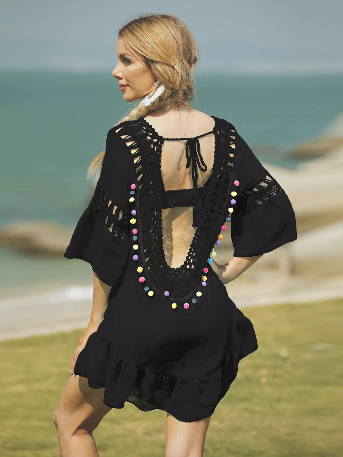 black crochet v neck beach cover up dress side view