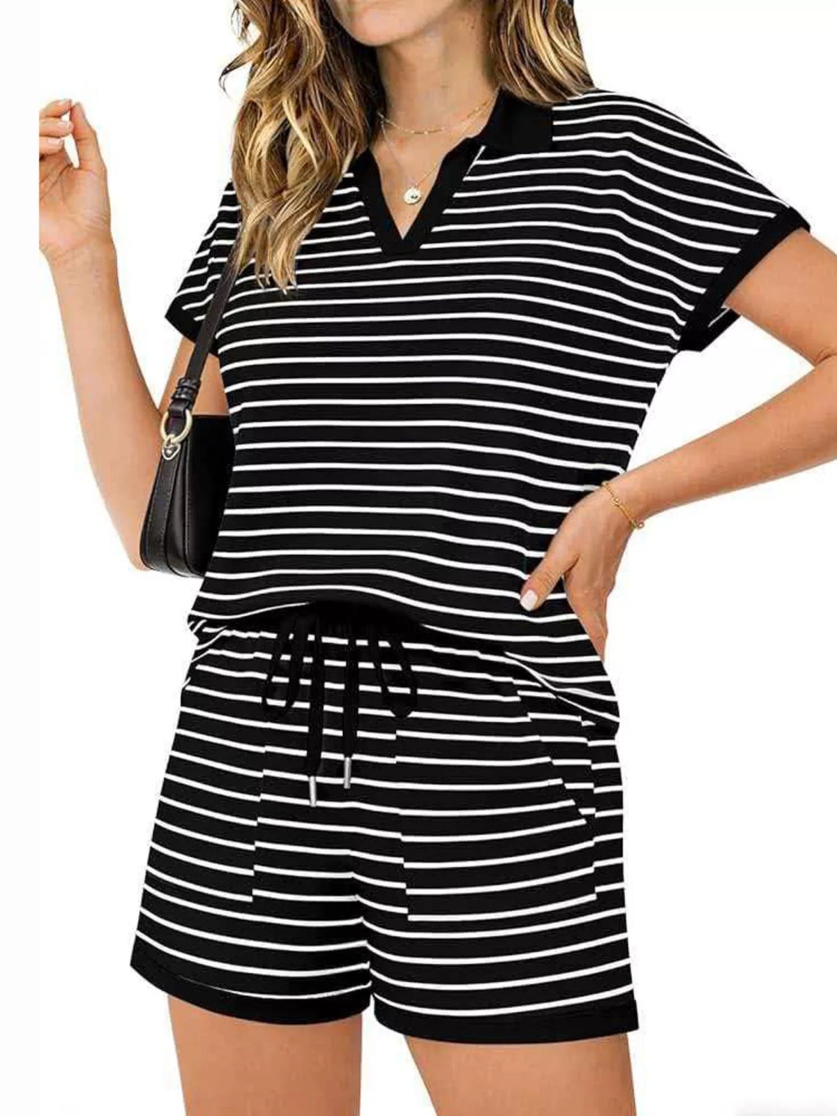 Striped Short Sleeve Polo and Shorts Set, view 11