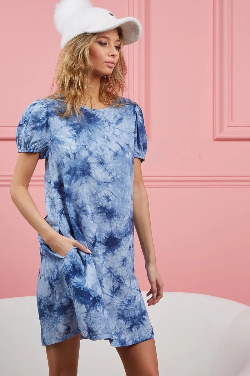 Tie Dye Puff Sleeve Dress with Pockets in Navy side view