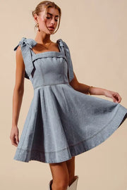 SO ME A Line Fit and Flare Diamond Bow Ribbon Denim Dres LT DENIM - Fashorio