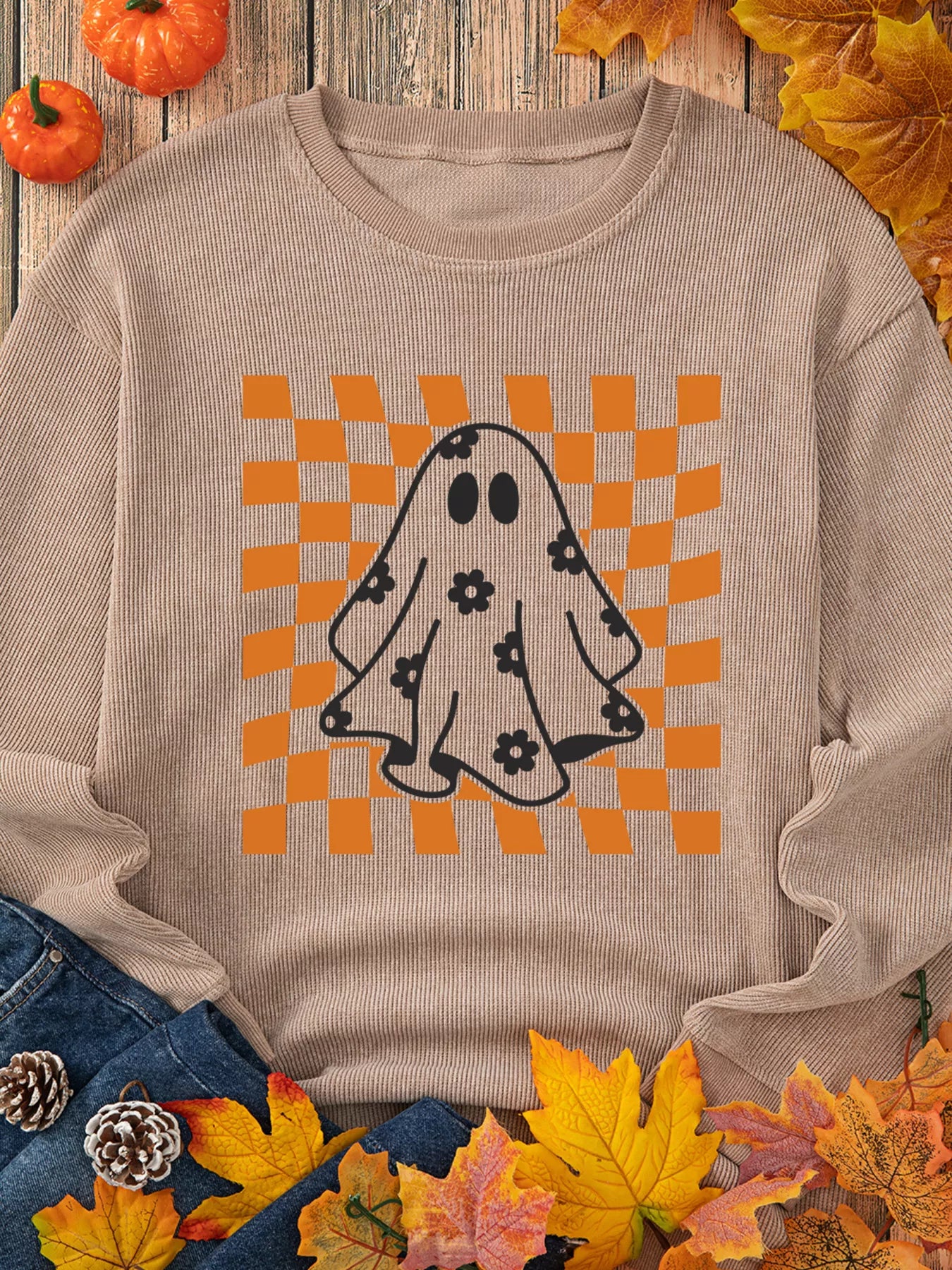 Halloween Checkerboard Floral Ghost Graphic Corded Sweatshirt - Fashorio