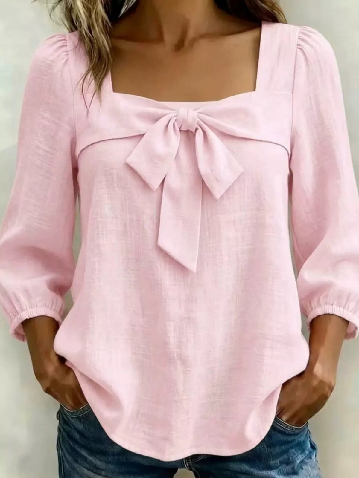 Red bow front blouse front view