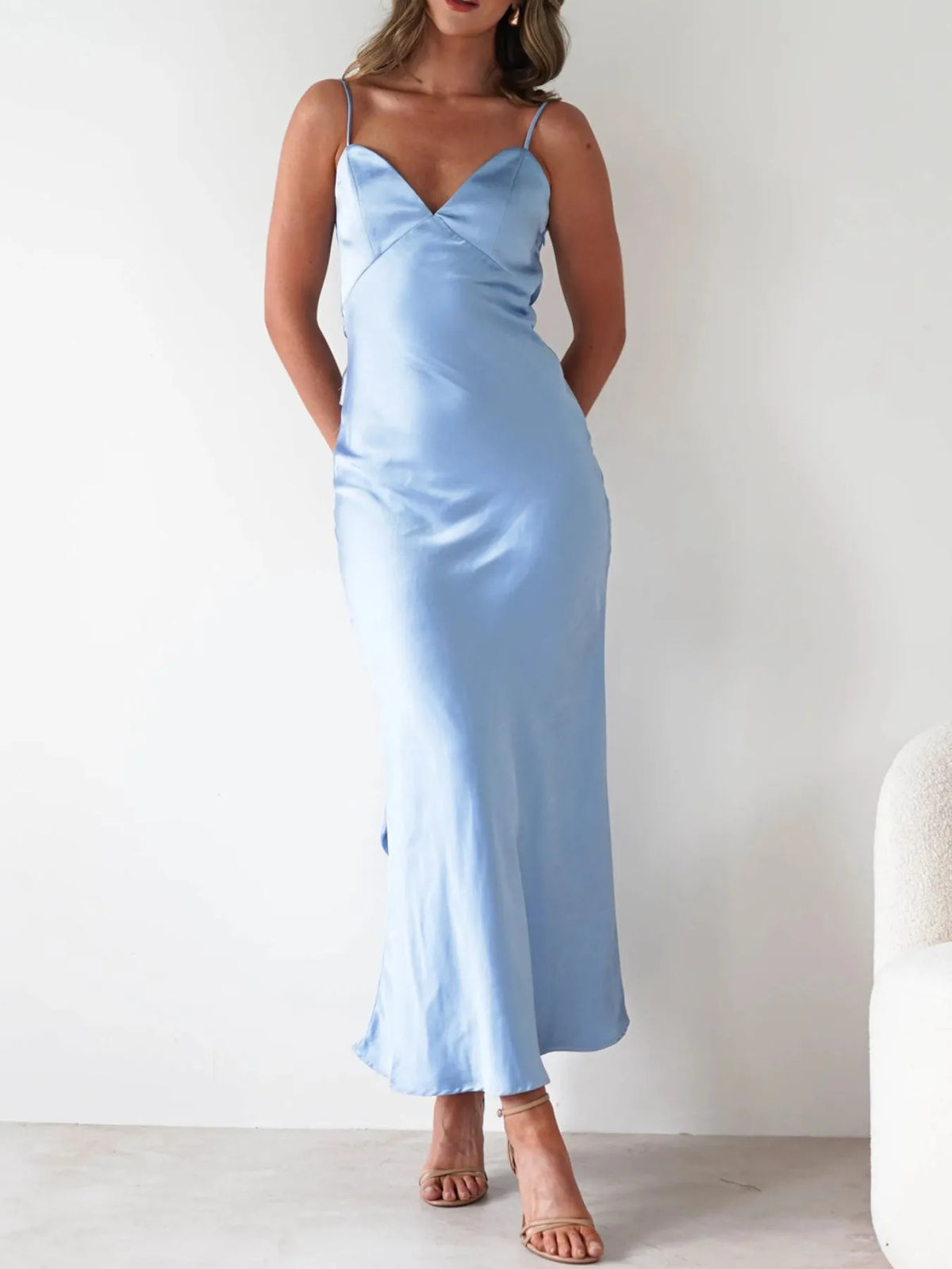 satin backless cami dress front view