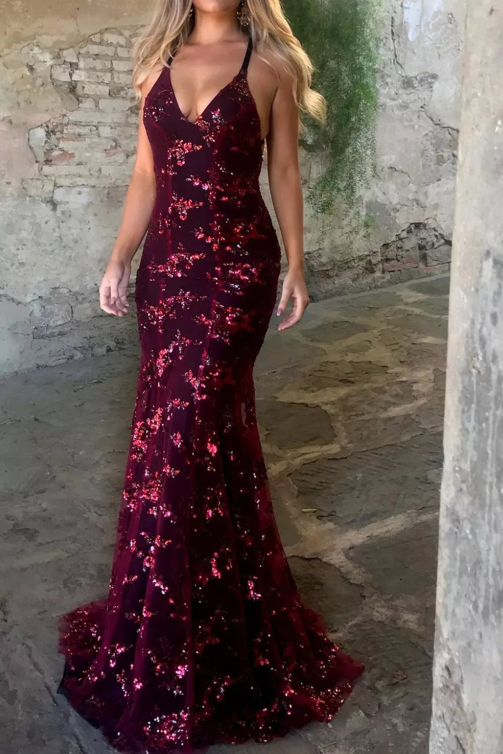 Sequin Tie Back V Neck Maxi Dress back view