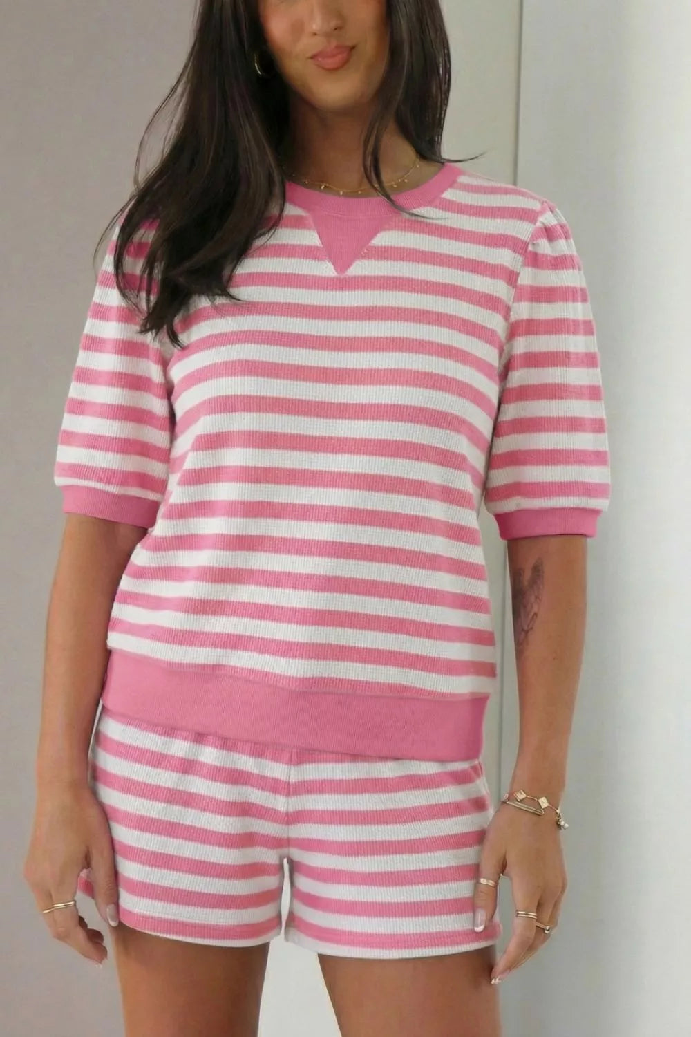 Striped top and shorts outfit full length