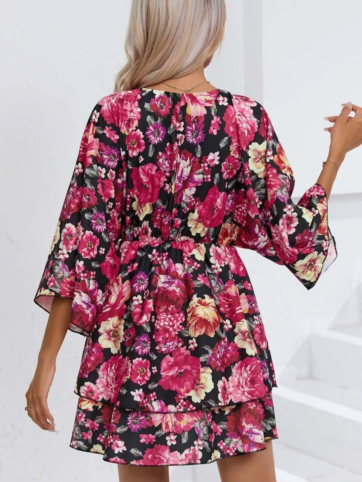 Floral print tiered ruffle hem mini dress front view