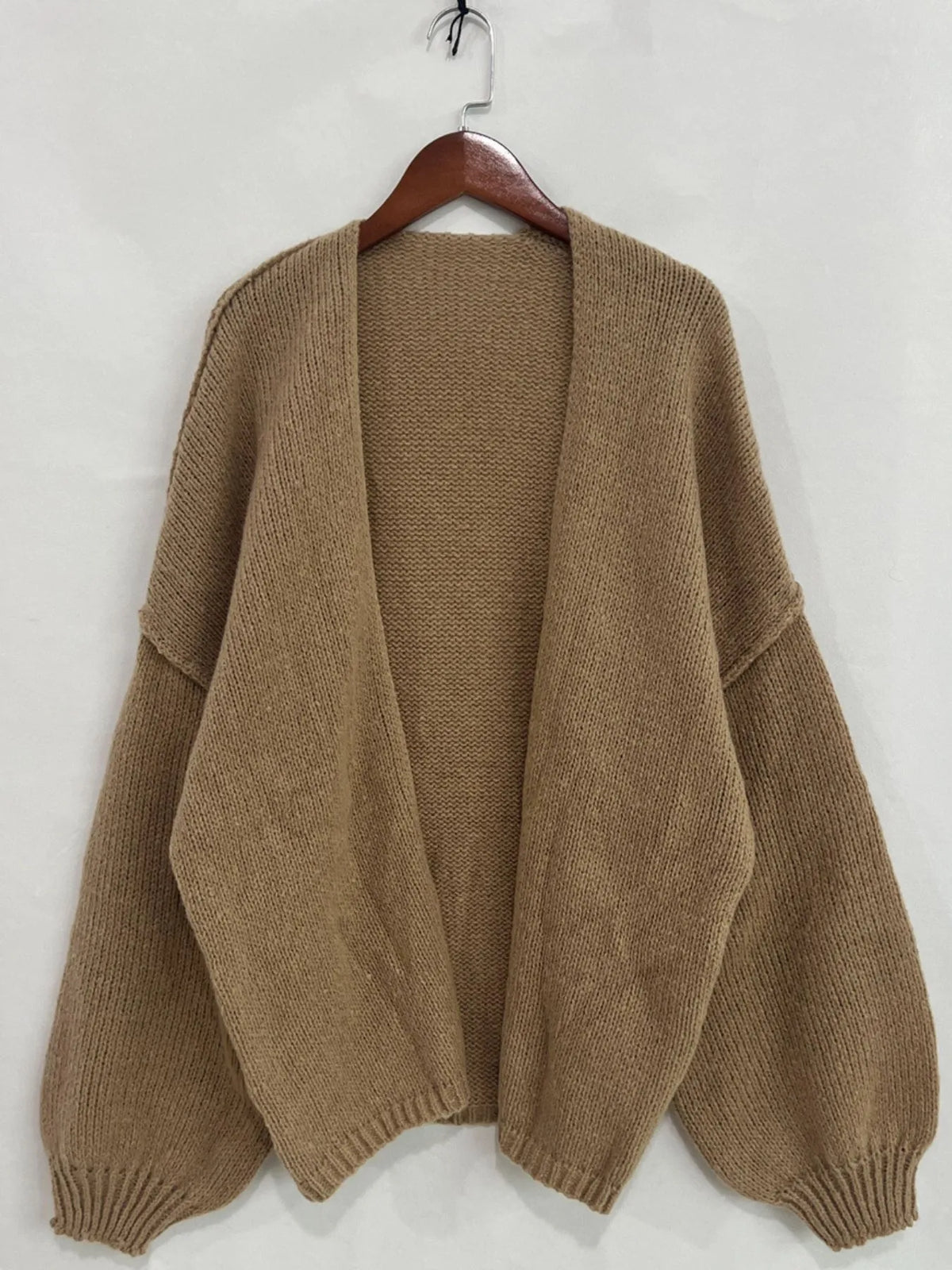 Open front dropped shoulder oversized cardigan close up