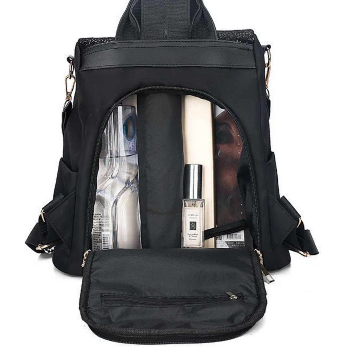 Black sequin backpack interior compartment