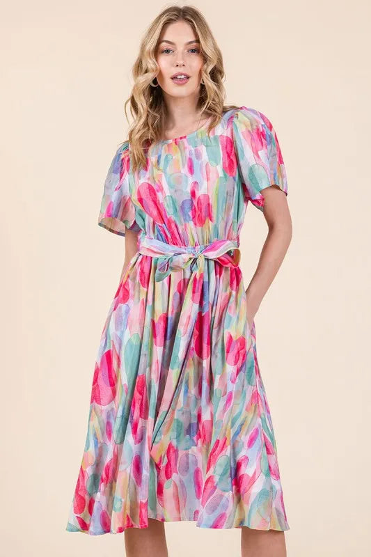 Watercolor Print Tie Front Midi Dress