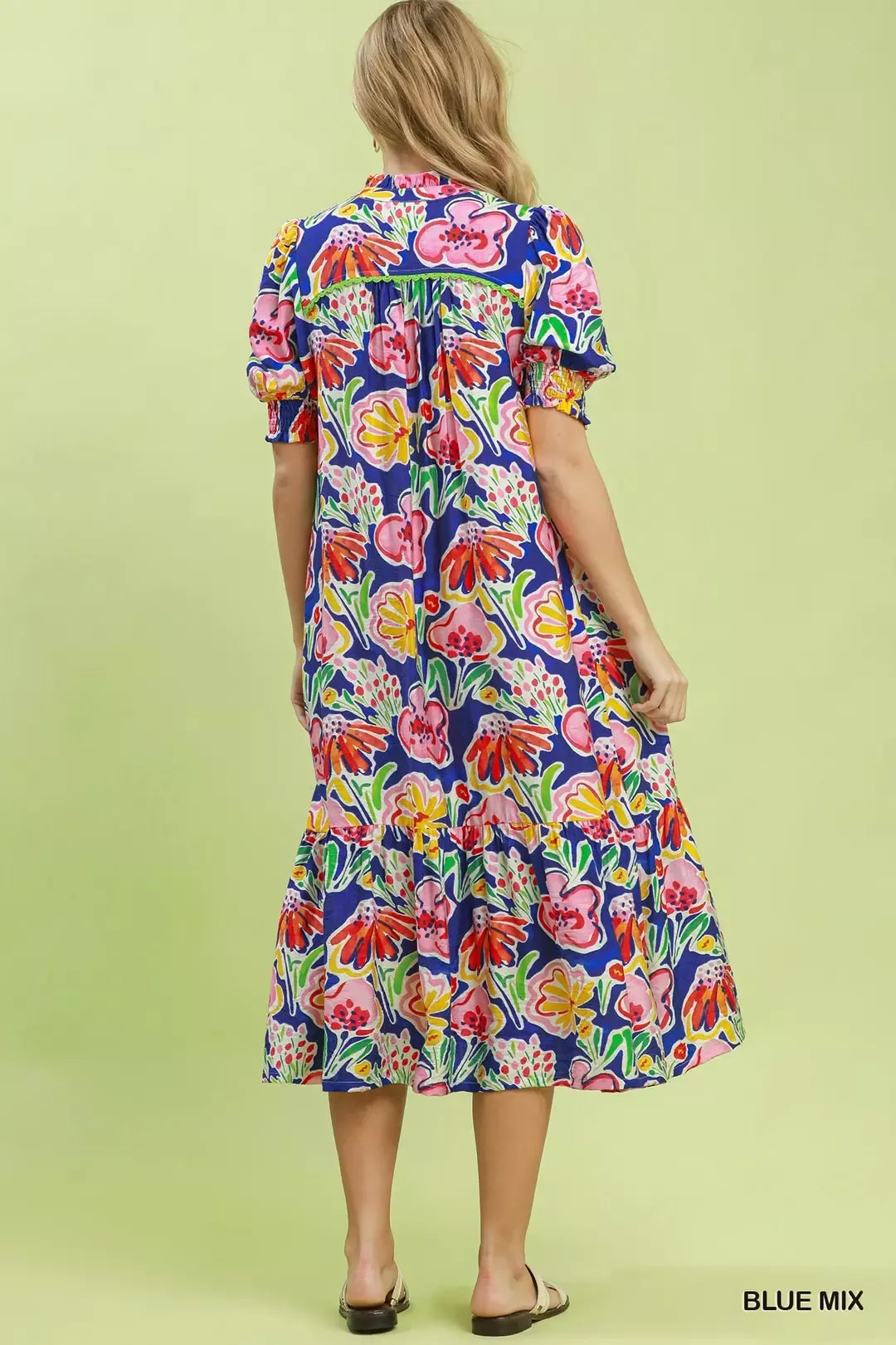 Blue floral puff sleeve tiered midi dress detail view