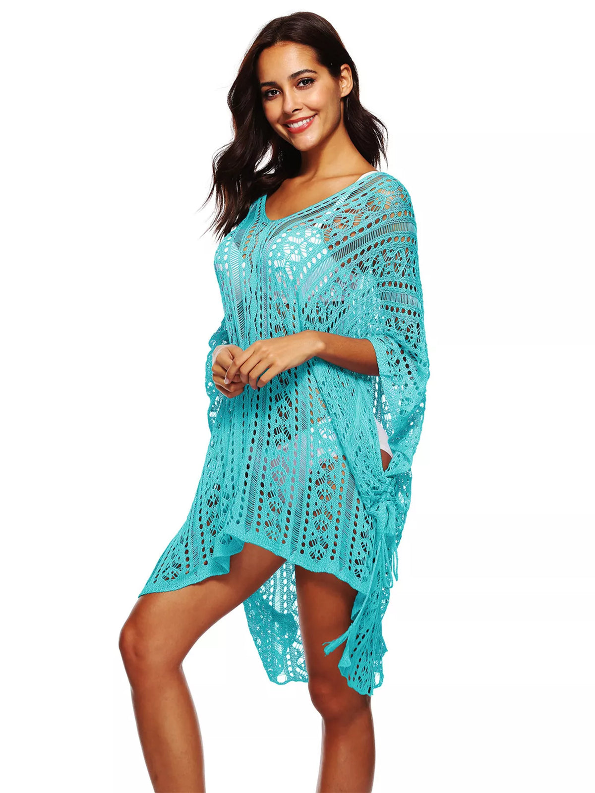 crochet knit beach cover up dress styled on model
