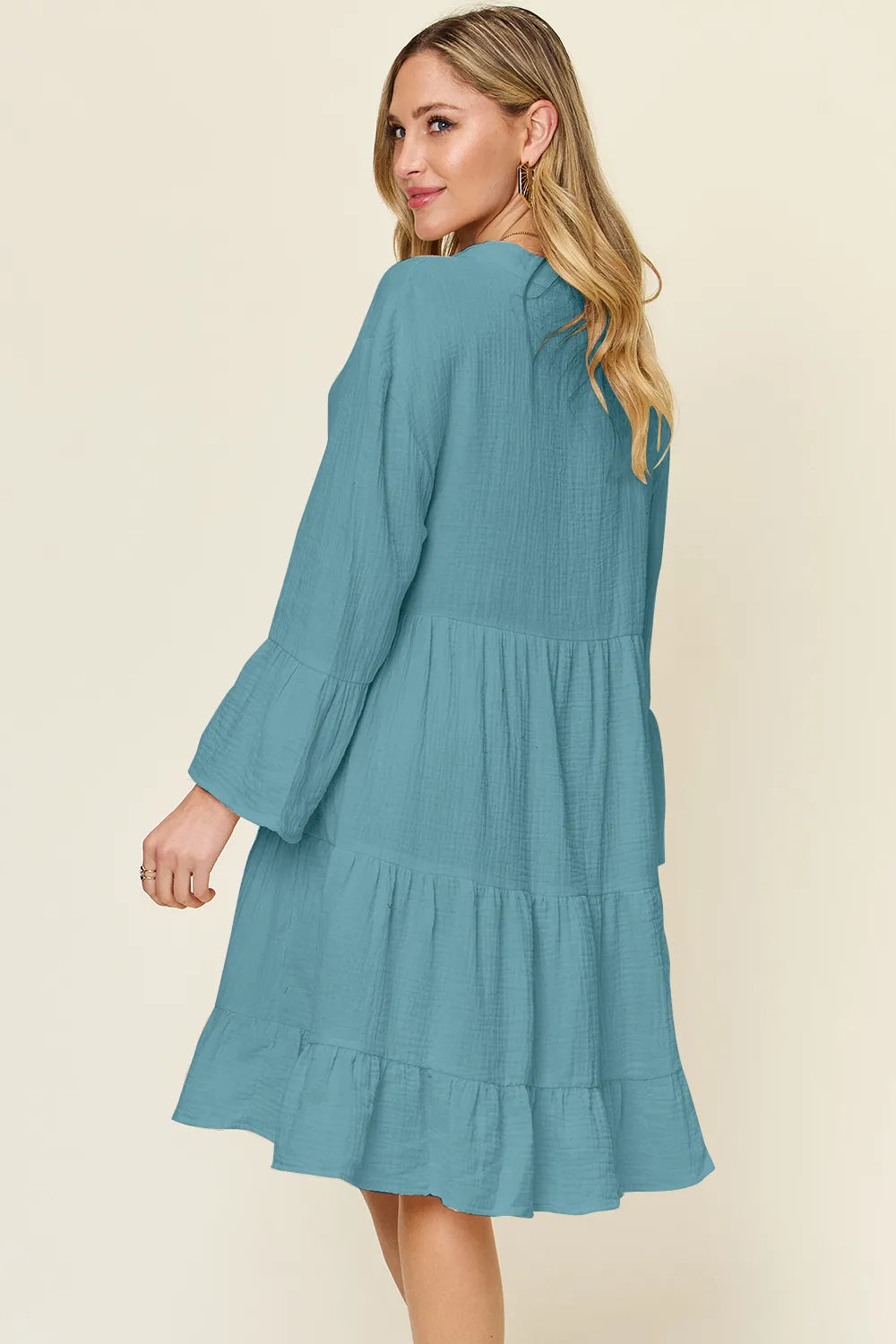 Textured button up dress styled look