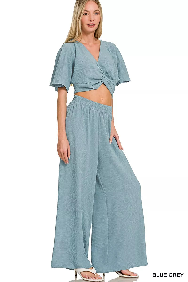 Blue grey woven twisted top and wide leg pants set front