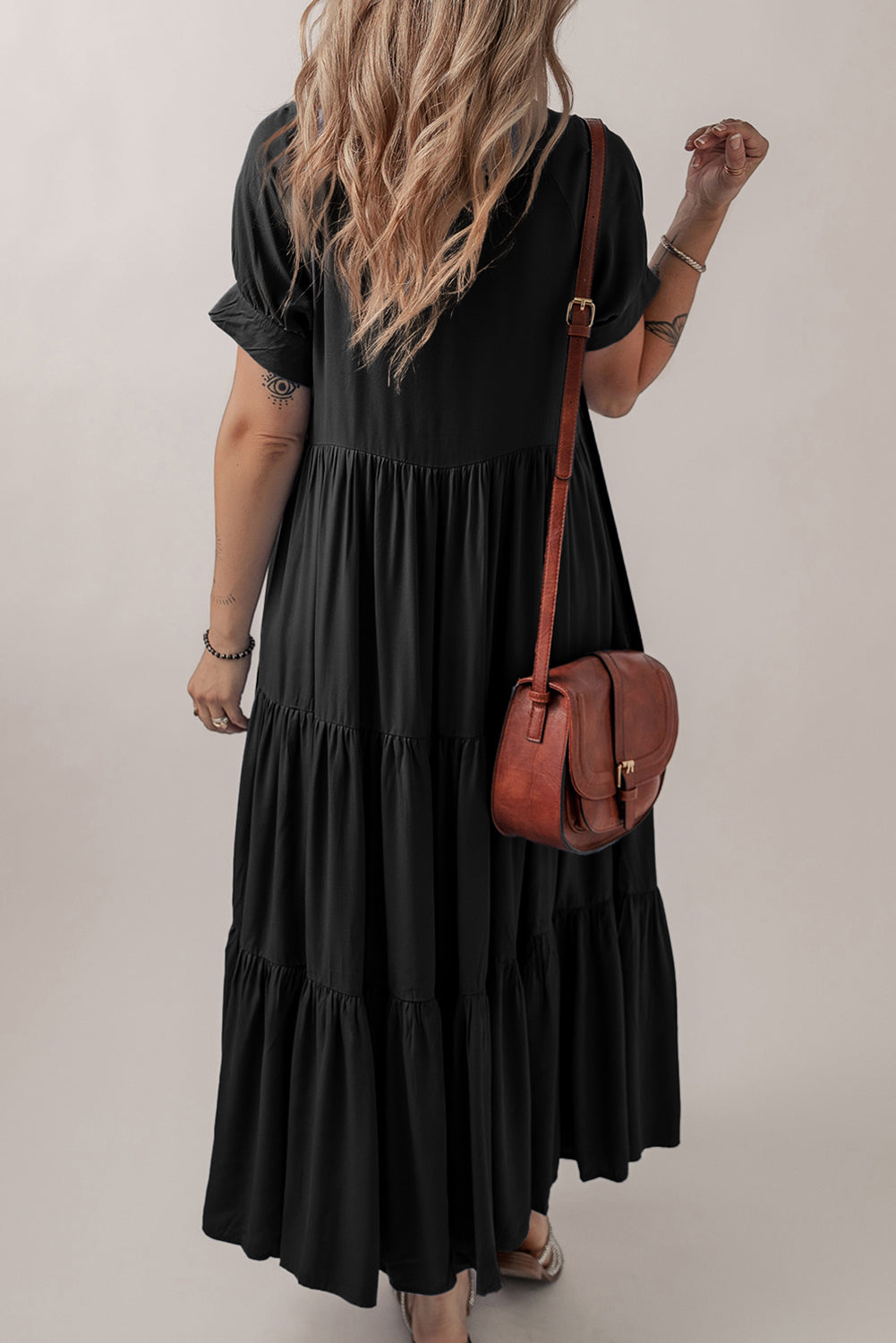 Black ruffle tiered maxi dress with short sleeves