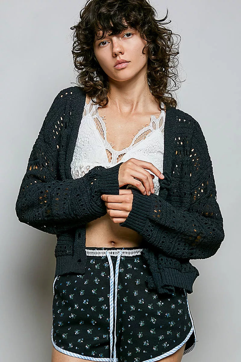 Open knit floral button cardigan floral button detail