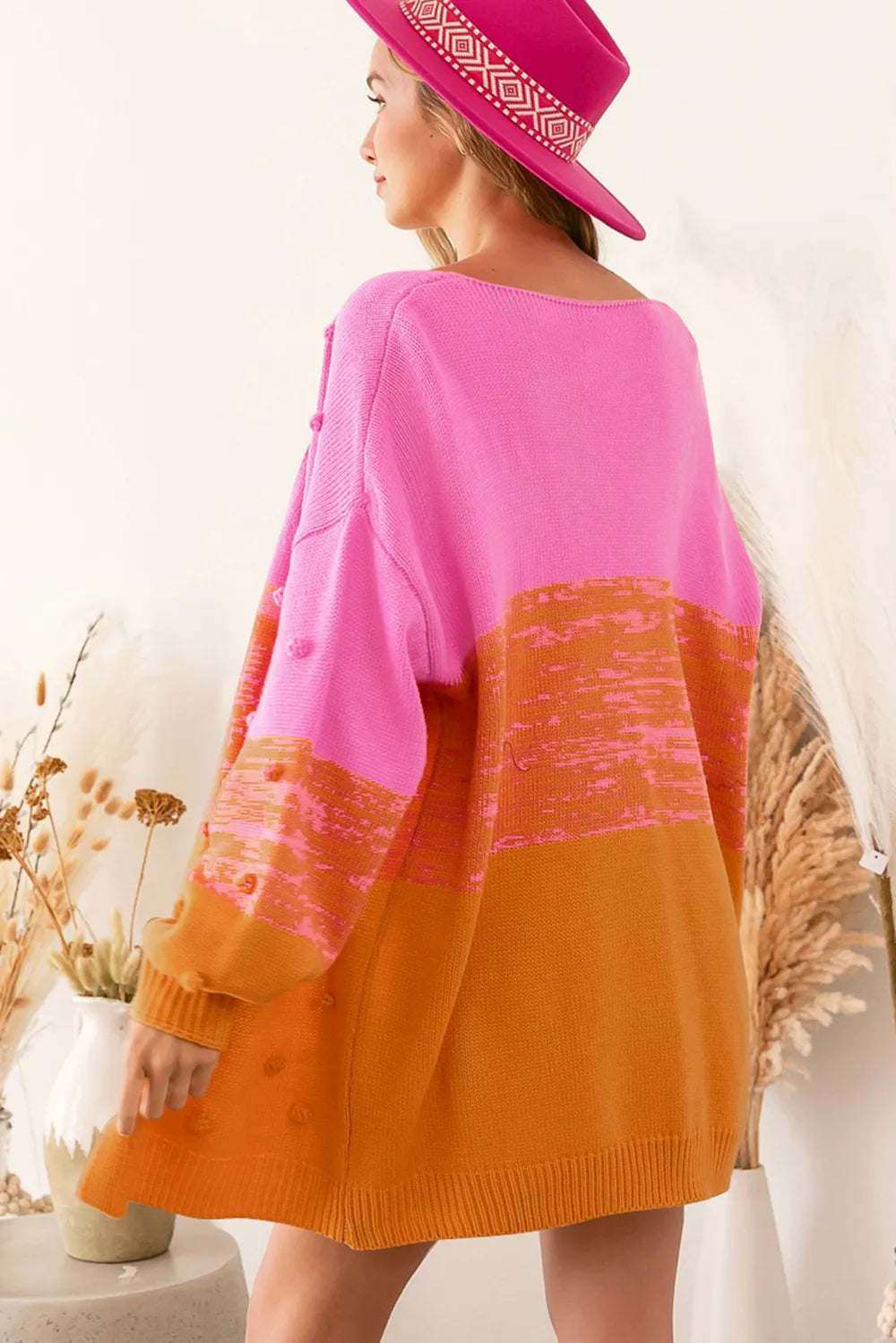 Pompom Color Block Open Front Cardigan - Fashorio