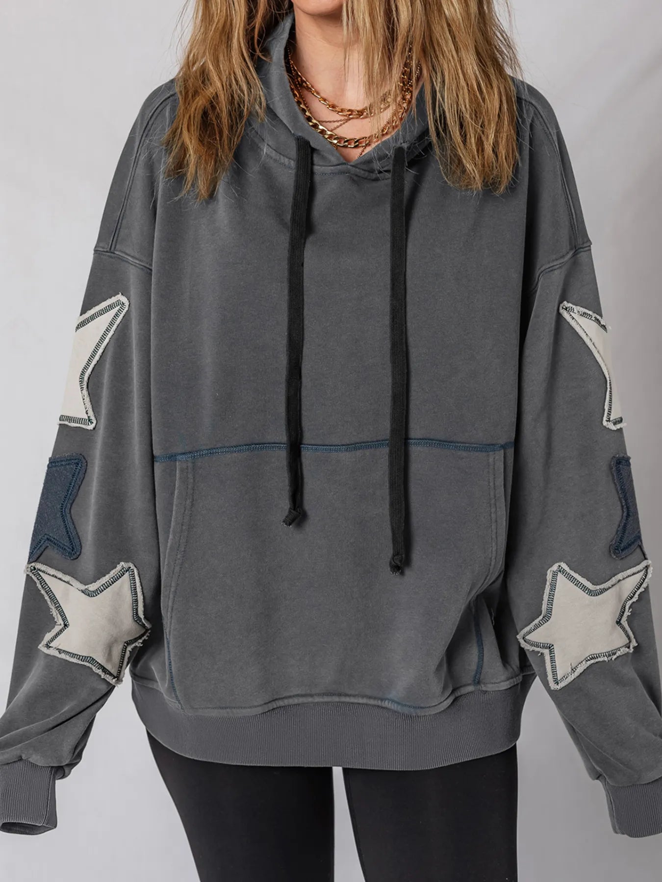 Star Patchwork Contrast Stitching Mineral Wash Kangaroo Pocket Hoodie - Fashorio