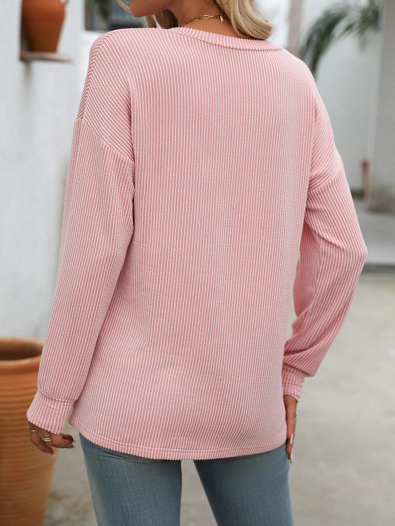 Ribbed V-Neck Long Sleeve T-Shirt - Fashorio