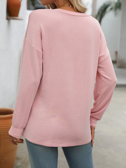 Ribbed V-Neck Long Sleeve T-Shirt - Fashorio