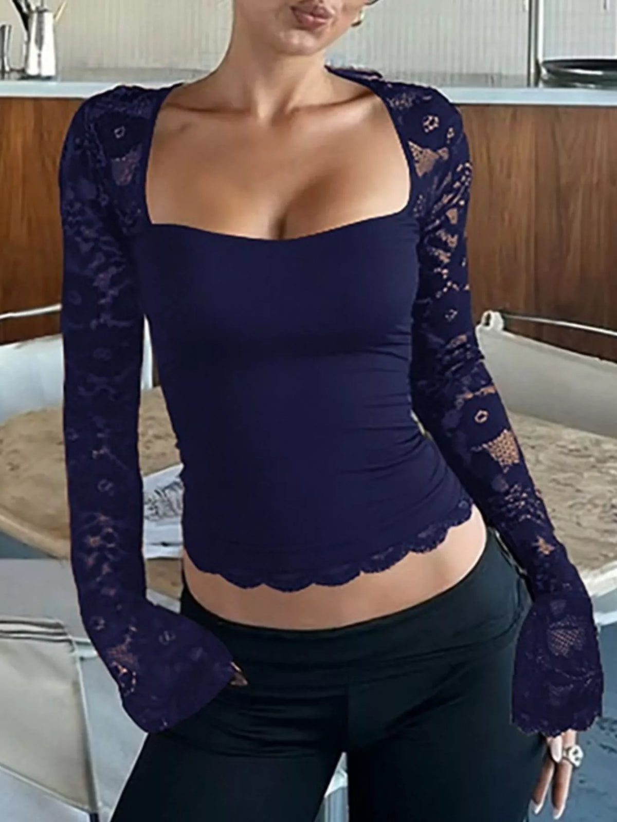 Three quarter view of the cropped square neck tee