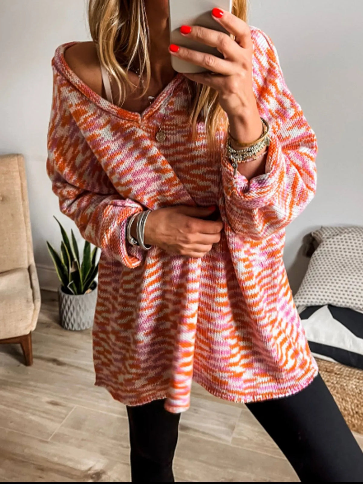 Multi color V neck sweater front view