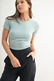 MONO B Essential Micro-ribbed Cropped Athleisure Tee VINTAGE BLUE - Fashorio