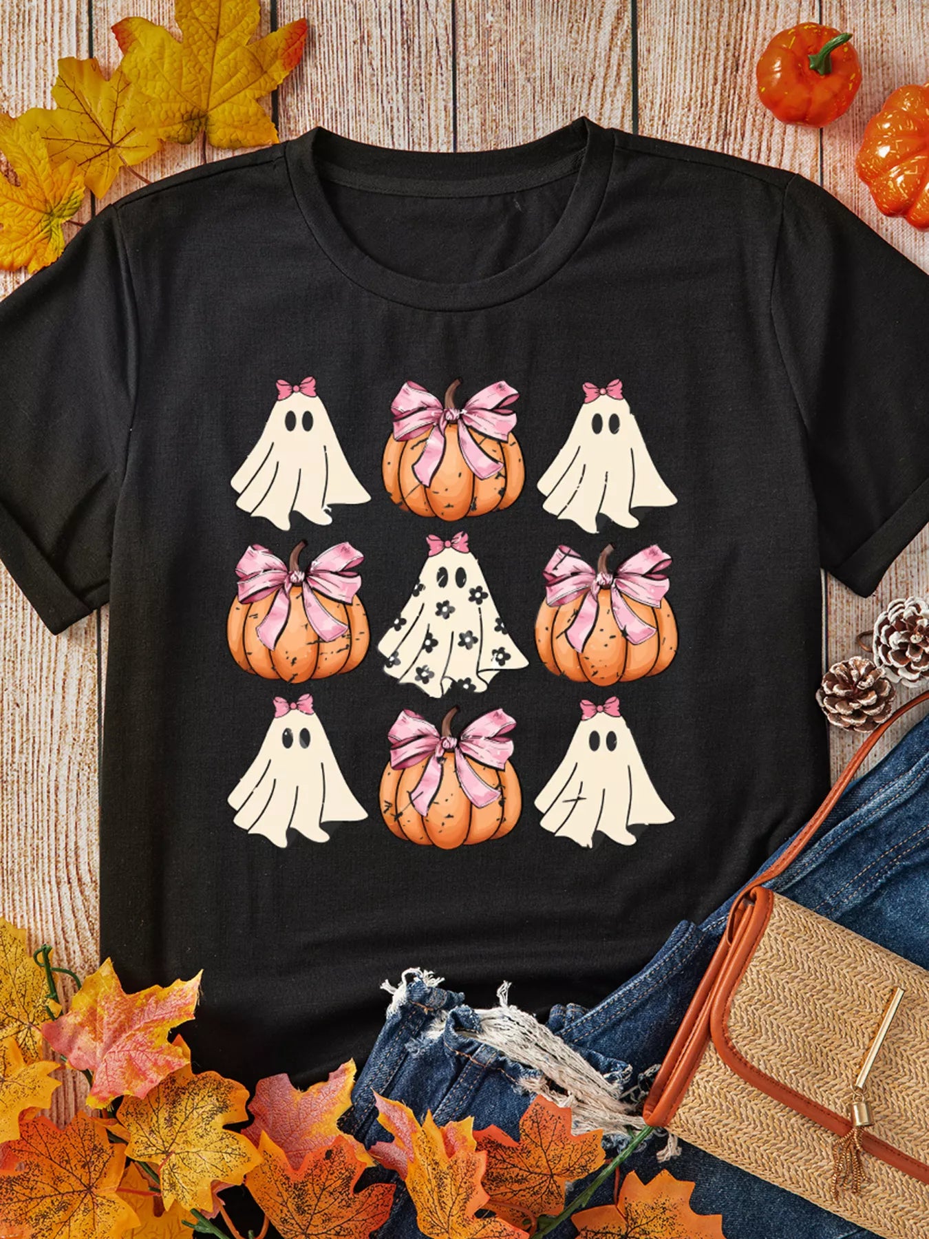 Halloween Bowknot Ghost Pumpkin Graphic T Shirt - Fashorio