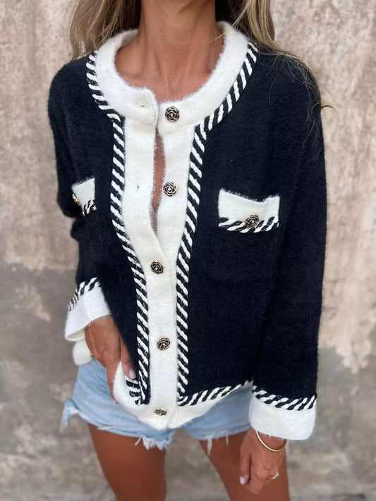 Contrast Trim Button Up Cardigan Black - Fashorio