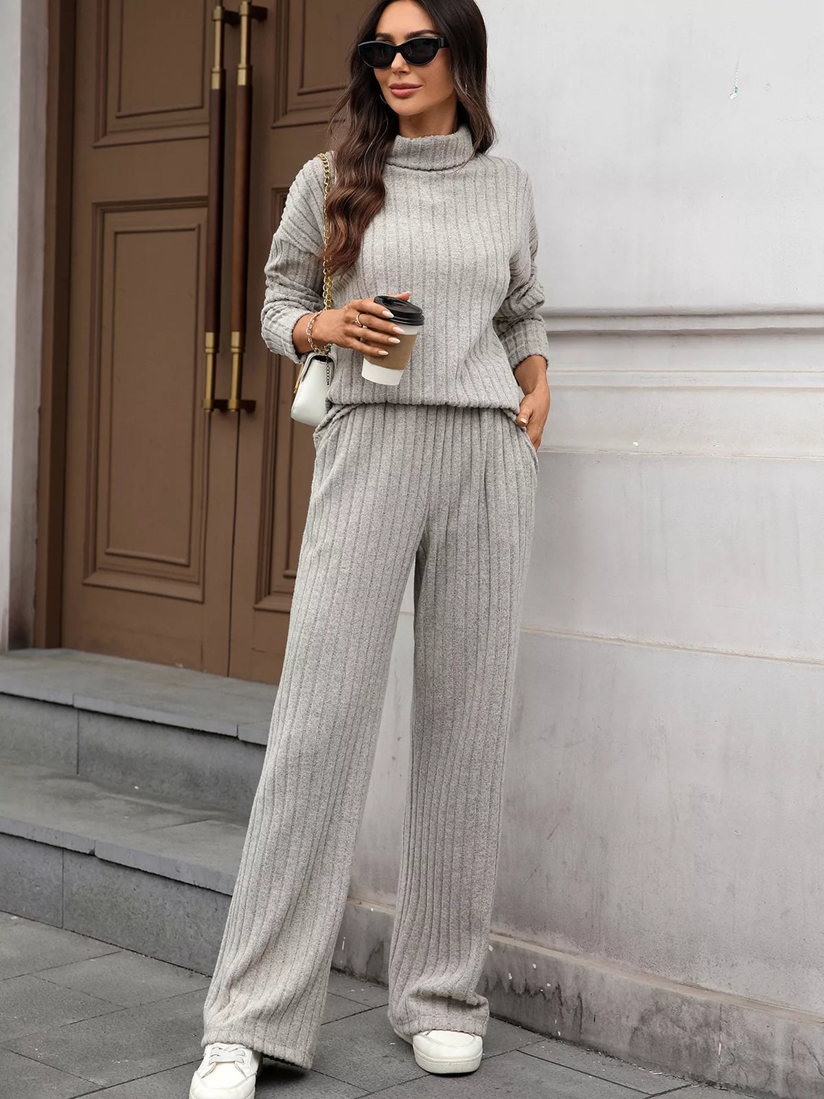 Ribbed turtleneck top and pants set sleeve detail view