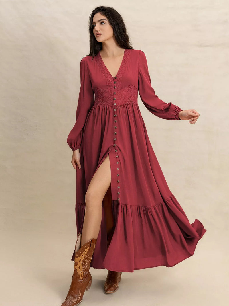 V-neck balloon sleeve maxi dress front view