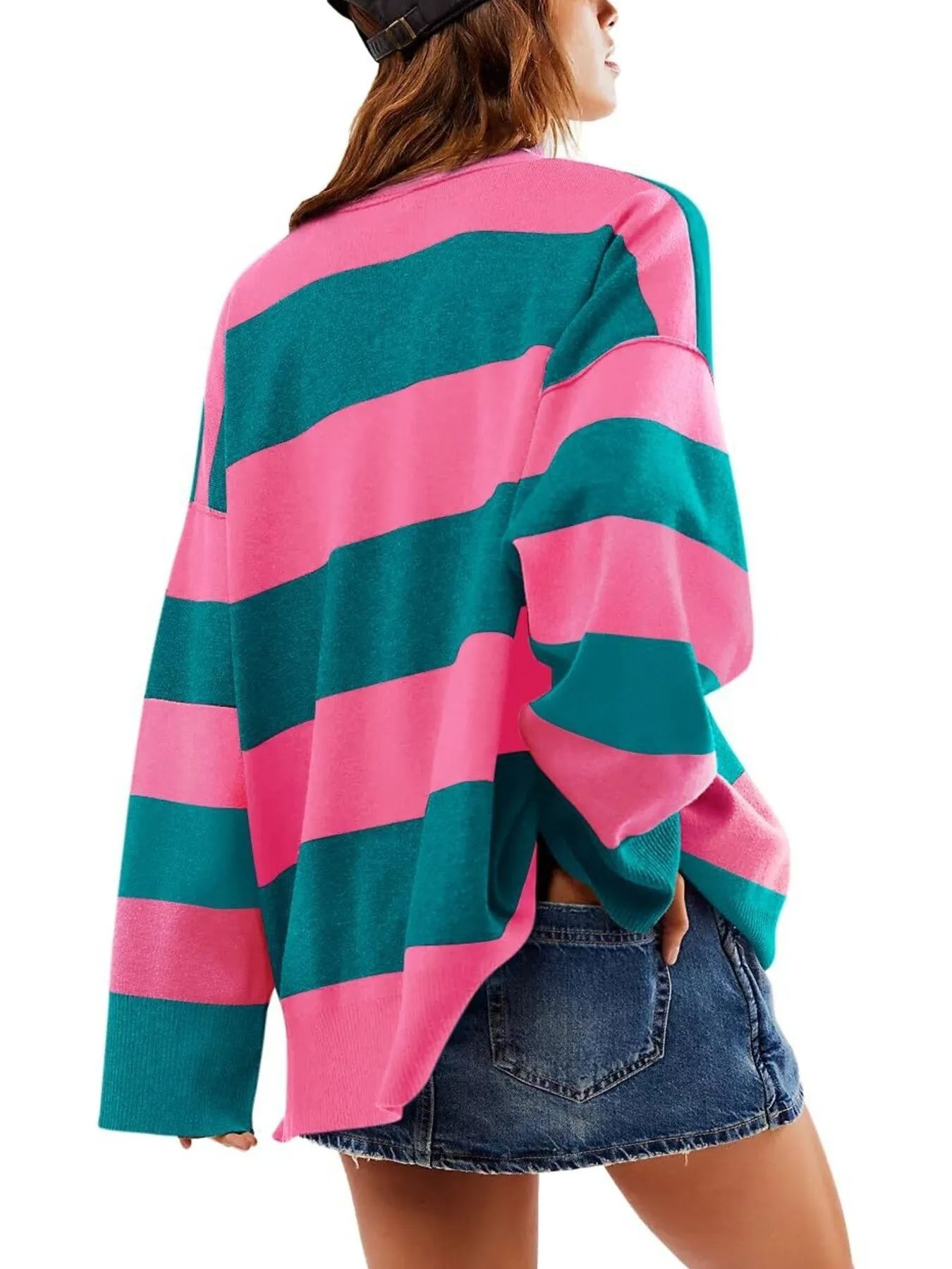 Striped Half-Zip Oversized Sweatshirt - Fashorio
