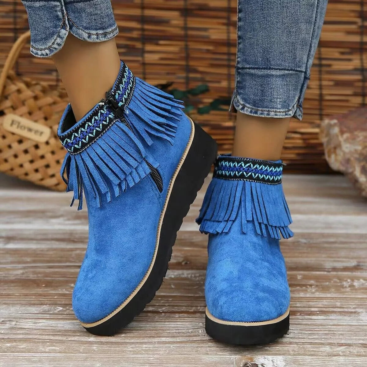 Fringe round toe ankle boots standing pair