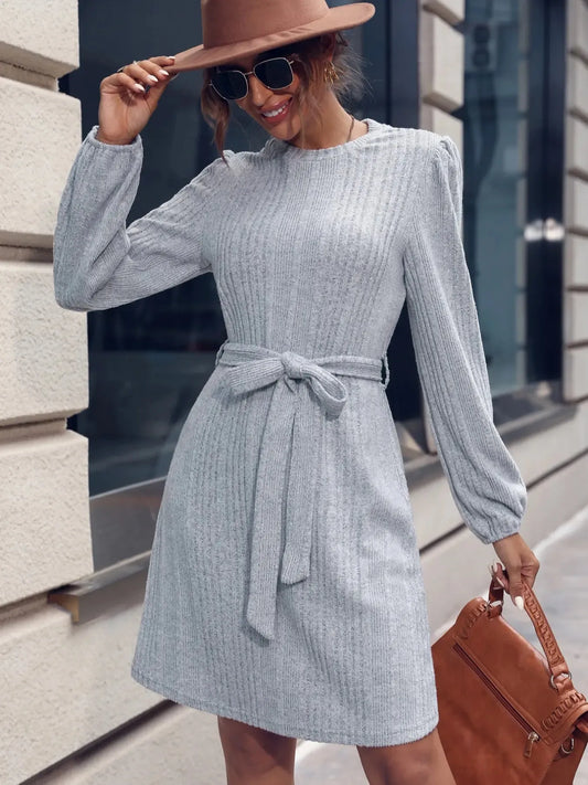 Ribbed Knit Long Sleeve Sweater Dress Gray - Fashorio