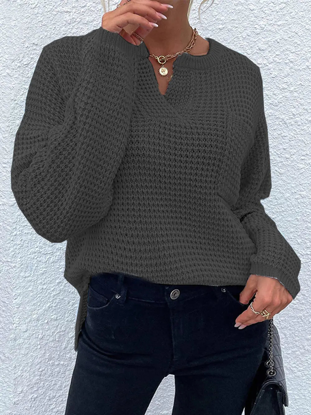Notched Long Sleeve Sweater Charcoal - Fashorio