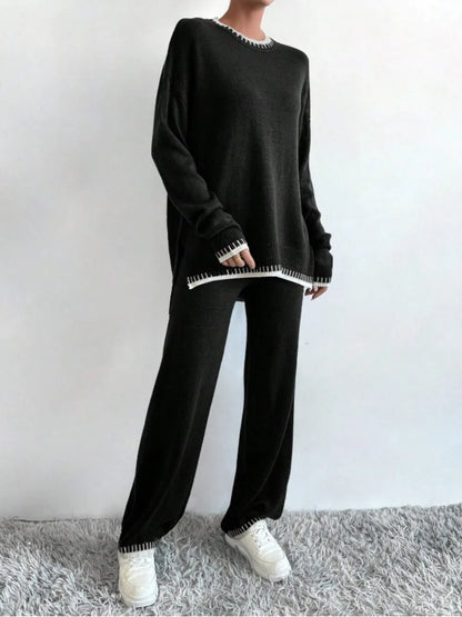 Side Slit Contrast Trim Round Neck Top and Pants Sweater Set - Fashorio