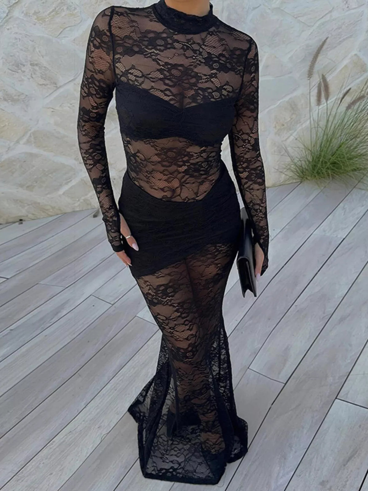 lace mock neck long sleeve maxi dress front view
