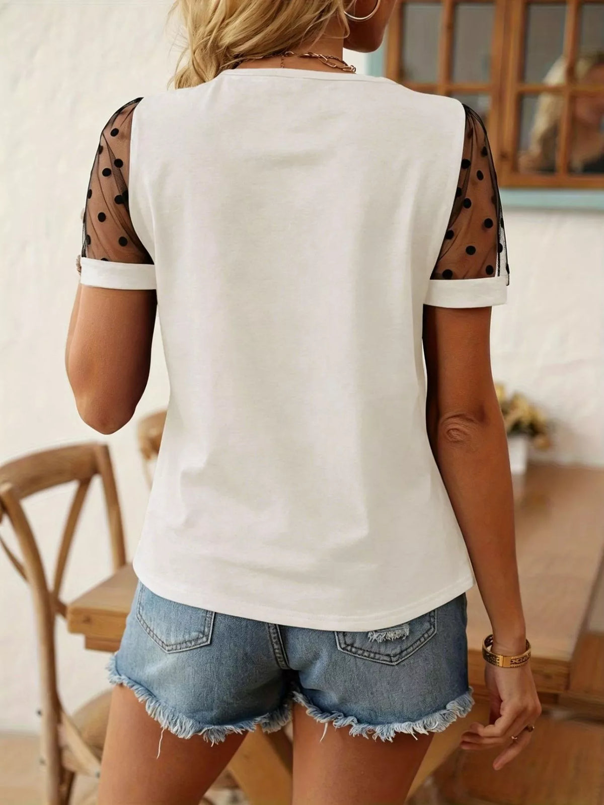 Black polka dot mesh sleeve t shirt front view