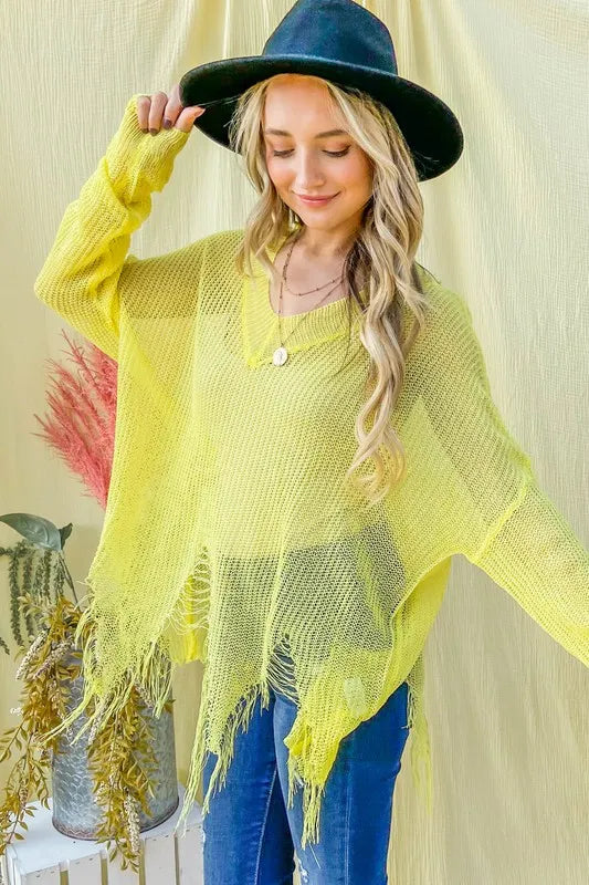 Distressed Mesh V Neck Sweater Cover Up in Yellow close up