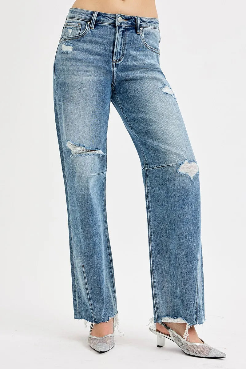 RISEN Full Size Mid Rise Fit Wide Baggy Leg Tie Washed Jeans Plus Size - Fashorio
