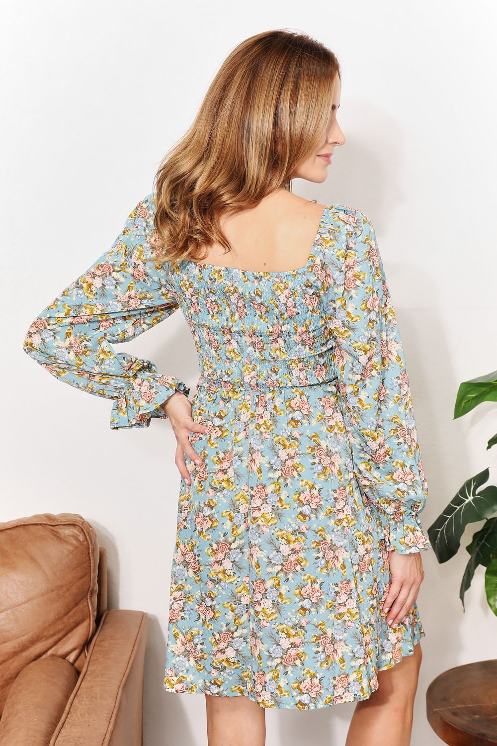 Honey Floral Smocked Flounce Sleeve Square Neck Dress back view