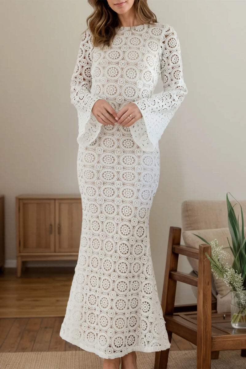 Lace backless flare sleeve maxi dress in white front view