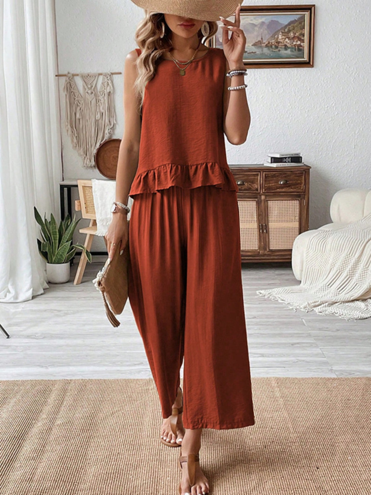 Sleeveless Ruffle Hem Tank and Wide Leg Set, view 4