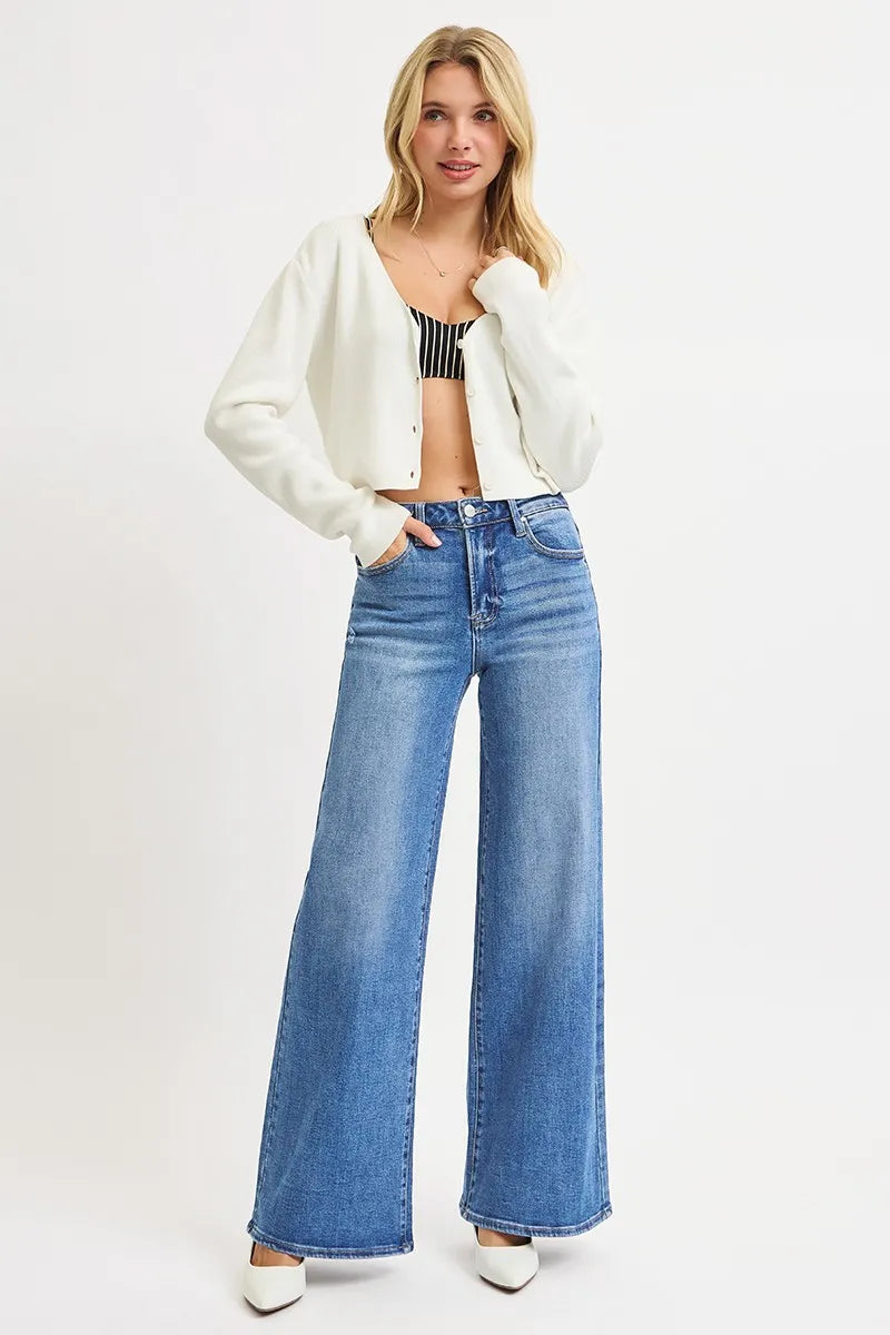 RISEN medium blue wide leg jeans full styling